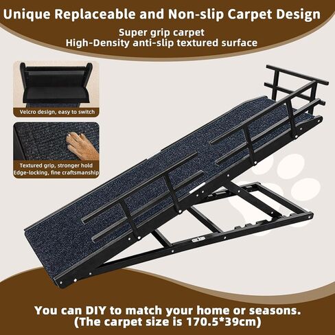 Dog Ramp for Bed - 65" Length, Supports up to 32" Height,Includes Non-Slip Replaceable Carpet, Safety Rails &Landing Platform,Adjustable & Foldable Pet Ramp for Large/Senior Dogs to Get on Bed -Walnut in Kuwait