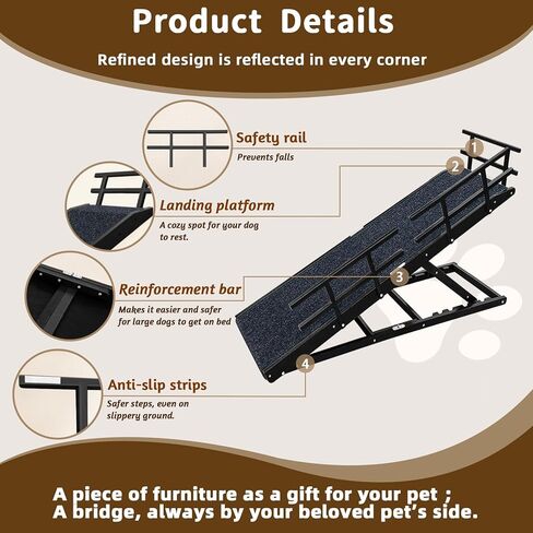 Dog Ramp for Bed - 65" Length, Supports up to 32" Height,Includes Non-Slip Replaceable Carpet, Safety Rails &Landing Platform,Adjustable & Foldable Pet Ramp for Large/Senior Dogs to Get on Bed -Walnut in Kuwait