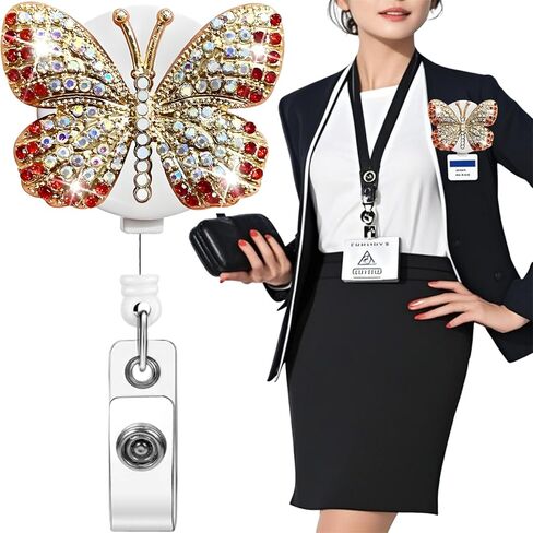 Blue Butterfly Retractable Badge Reel Rhinestone Badge Holder Retractable Clip Cute Diamond Glitter Nursing Student Name Holders in Kuwait