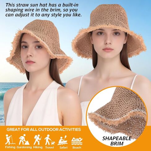 قبعة دلو القش للسيدات من Einskey - حماية UV خفيفة الوزن قابلة للعبّارة للسيارة المشي لمسافات طويلة على الشاطئ في الهواء الطلق المشي لمسافات طويلة in Kuwait