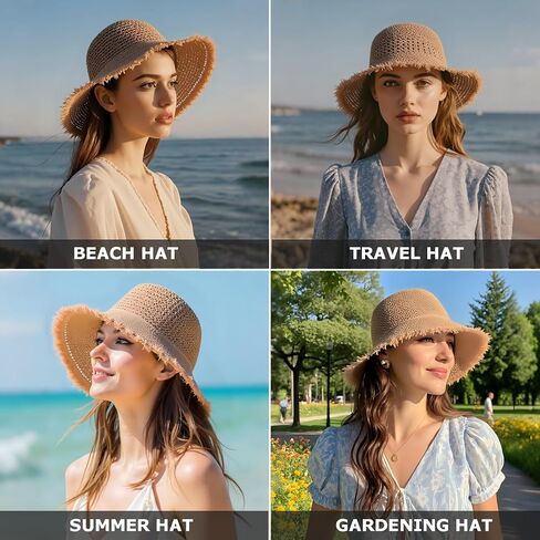 قبعة دلو القش للسيدات من Einskey - حماية UV خفيفة الوزن قابلة للعبّارة للسيارة المشي لمسافات طويلة على الشاطئ في الهواء الطلق المشي لمسافات طويلة in Kuwait