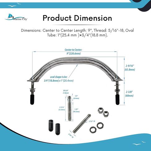 MARINE CITY Handrail Grab Rail Handle, 304 Stainless Steel with Double-End Studs, 12 Inches, Water & Corrosion-Resistant, Ideal for Marines, Boats, Yachts, Kayaks in Saudi Arabia