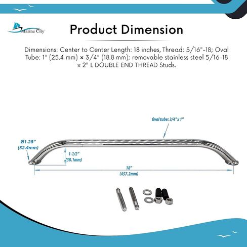 MARINE CITY Handrail Grab Rail Handle, 304 Stainless Steel with Double-End Studs, 12 Inches, Water & Corrosion-Resistant, Ideal for Marines, Boats, Yachts, Kayaks in Saudi Arabia