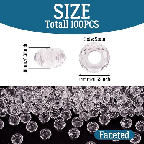 KISSITTY 100pcs Clear Glass Faceted European Beads Bulk Crystal Large Hole Loose Rondelle Spacer Beads Slide Charms No Metal Core 14x8mm for DIY Bracelet Necklace Jewelry Crafts Making Hole:5mm in Saudi Arabia