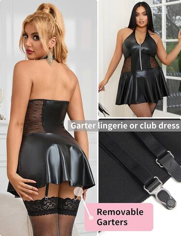 Ohyeah Pu Leatere Lingerie مجموعة للنساء بالإضافة إلى الملابس الداخلية مع الحجم مع حزام الرباط Halter Chemise Lingerie Dress in Saudi Arabia