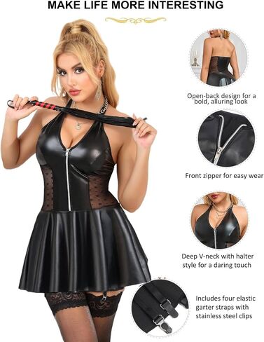Ohyeah Pu Leatere Lingerie مجموعة للنساء بالإضافة إلى الملابس الداخلية مع الحجم مع حزام الرباط Halter Chemise Lingerie Dress in Saudi Arabia