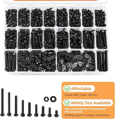 1760 قطعة من مجموعة البراغي المترية، مجموعة مسامير وصواميل مترية من سبائك الصلب من الدرجة 12.9 M2 M3 M4 M5، غطاء رأس مقبس سداسي مطلي بالزنك الأسود، مجموعة صواميل ومسامير مترية مع مفاتيح سداسية in Kuwait
