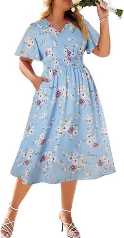 حنا نيكول للسيدات بالإضافة إلى الحجم الصيفي فستان الأزهار غير الرسمي قصير الأكمام sundress أرجوحة خط ماكسي مع جيوب in Saudi Arabia