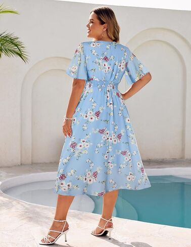 حنا نيكول للسيدات بالإضافة إلى الحجم الصيفي فستان الأزهار غير الرسمي قصير الأكمام sundress أرجوحة خط ماكسي مع جيوب in Saudi Arabia