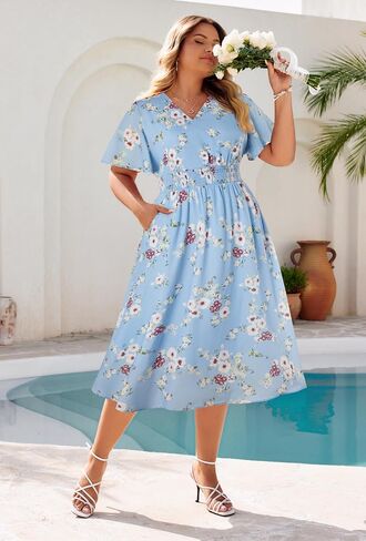 حنا نيكول للسيدات بالإضافة إلى الحجم الصيفي فستان الأزهار غير الرسمي قصير الأكمام sundress أرجوحة خط ماكسي مع جيوب in Saudi Arabia