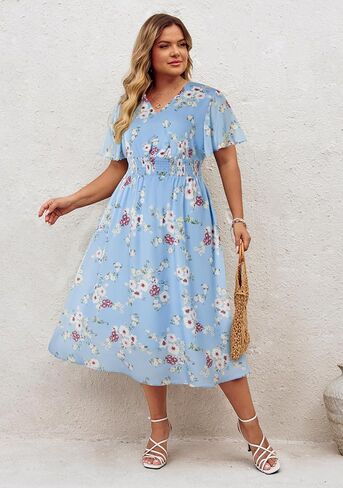 حنا نيكول للسيدات بالإضافة إلى الحجم الصيفي فستان الأزهار غير الرسمي قصير الأكمام sundress أرجوحة خط ماكسي مع جيوب in Saudi Arabia