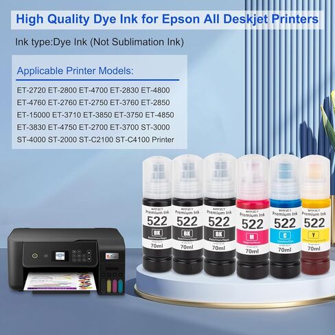 Compatible Epson T522 522 Ink Refill Bottles for Ecotank ET-2803 ET-2720 ET4800 ET-2800 ET-2760 ET-4760 ET-2750 ET-3760 ET-2850 ET-15000 ET-4700 ST-4000 ST-2000 ET-3710 Printer(3BK C M Y) in Kuwait