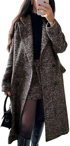chouyatou Women's Winter Casual Herringbone Wool Coat Double Breasted Notch Collar Dressy Long Trench Coat in Saudi Arabia