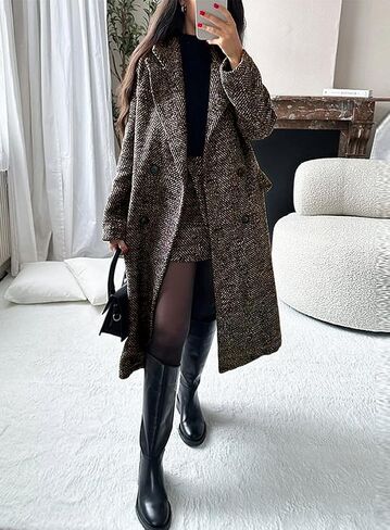 chouyatou Women's Winter Casual Herringbone Wool Coat Double Breasted Notch Collar Dressy Long Trench Coat in Saudi Arabia