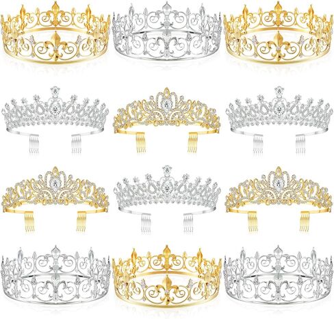 Sasylvia 8 Pcs Proms King and Queen Crown Set for Men Women Metal Rhinestone Crowns and Tiaras Crystal Headband for Weddings Bridal Cosplay Party Accessories, Silver Gold in Saudi Arabia