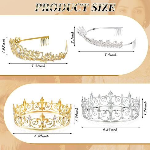 Sasylvia 8 Pcs Proms King and Queen Crown Set for Men Women Metal Rhinestone Crowns and Tiaras Crystal Headband for Weddings Bridal Cosplay Party Accessories, Silver Gold in Saudi Arabia