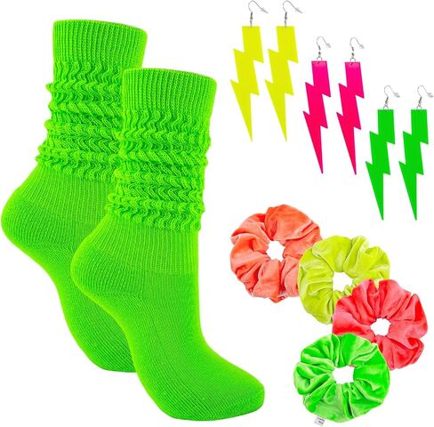 Women Neon Slouch Socks 80s/90s Scrunch Knee High Socks with Neon Earrings & Scrunchies 80s 90s Party Outfits Costume in Saudi Arabia