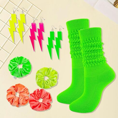 Women Neon Slouch Socks 80s/90s Scrunch Knee High Socks with Neon Earrings & Scrunchies 80s 90s Party Outfits Costume in Saudi Arabia