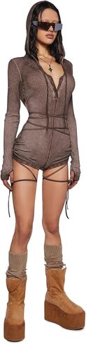 Dolls Kill Crossfade Hooded Romper by DARKER WAVS – Ribbed Jersey, Button-Up Front, and Ruched Sides in Kuwait