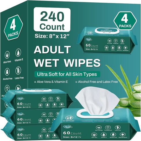 [720 Count] Adult Wipes for Incontinence, 8" x 12" Extra Large Wet Wipes for Incontinence & Cleansing, Body Wipes Bath Wipes - Disposable Washcloths for Elderly - Vitamin E & Aloe in Saudi Arabia