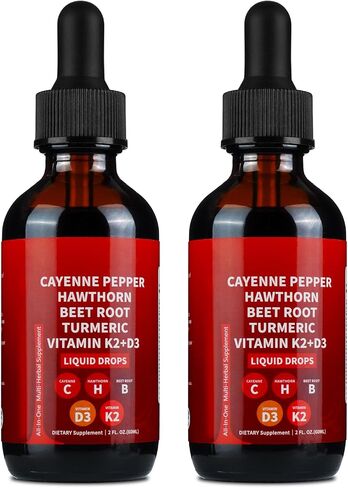Cayenne Pepper Drops, Cayenne Pepper Hawthorn Beet Root Turmeric Curcumin, Vitamin K2 & D3, Cayenne Health Supplements, Gentle Formula, Vegan-Friendly, Easily Absorbed - 60ml in Kuwait