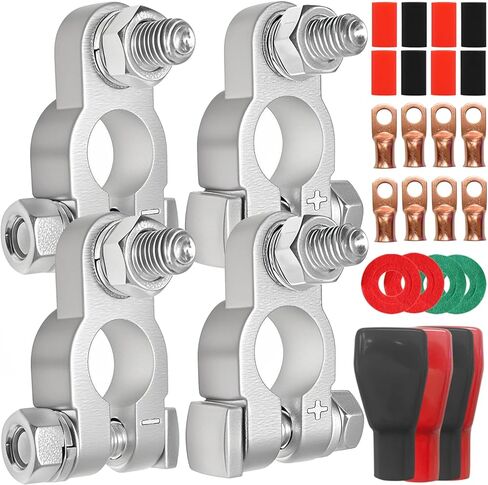 Battery Terminal Connectors,Military Spec Positive Negative Heavy Duty Battery Terminals with 4 pcs 2 Gauge 3/8" Copper Lugs,4 Heatshrink,2 Cover and Anti Corrosion Washers,14pcs in Kuwait