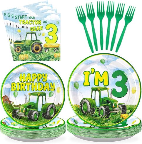 Grencian 96Pcs Tractor Birthday Party Decorations Tractor Birthday Plates and Napkins Disposable Green Tractors Paper Tableware Set for Kids Boys Farm Baby Shower Tractor Lawn Party Supplies Serve 24 in Saudi Arabia