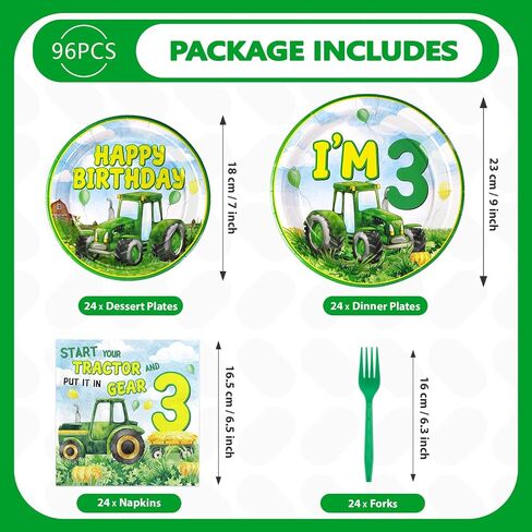 Grencian 96Pcs Tractor Birthday Party Decorations Tractor Birthday Plates and Napkins Disposable Green Tractors Paper Tableware Set for Kids Boys Farm Baby Shower Tractor Lawn Party Supplies Serve 24 in Saudi Arabia