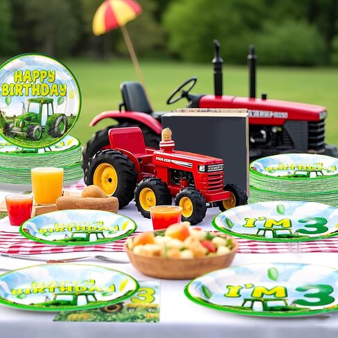 Grencian 96Pcs Tractor Birthday Party Decorations Tractor Birthday Plates and Napkins Disposable Green Tractors Paper Tableware Set for Kids Boys Farm Baby Shower Tractor Lawn Party Supplies Serve 24 in Saudi Arabia