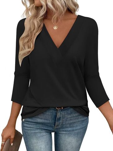 Bliwov Womens Spring Summer Tops V Neck 3/4 Sleeve Outfits Loose Fit Soft Blouses Business Casual Basic Plus Size T Shirts in Kuwait