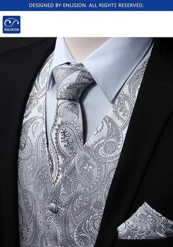 Enlision Mens Vest Tie Set Paisley Vest and Necktie Pocket Square 3pc Formal Dress Waistcoat for Suit or Tuxedo in Kuwait