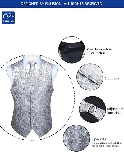 Enlision Mens Vest Tie Set Paisley Vest and Necktie Pocket Square 3pc Formal Dress Waistcoat for Suit or Tuxedo in Kuwait