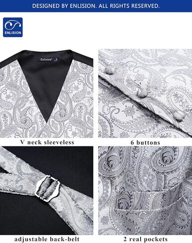 Enlision Mens Vest Tie Set Paisley Vest and Necktie Pocket Square 3pc Formal Dress Waistcoat for Suit or Tuxedo in Kuwait