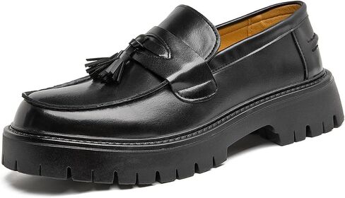 Men's Black Patent Leather Platform Loafers Slip-On Dress Shoes with Tassel, Non-Slip Lug Sole Round Toe Penny Formal Shoes for Business Work & Daily in Kuwait