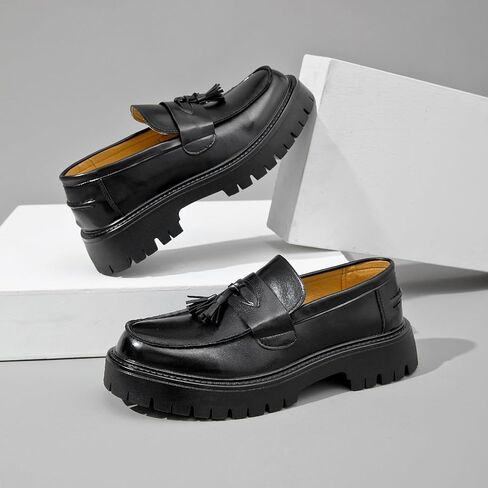 Men's Black Patent Leather Platform Loafers Slip-On Dress Shoes with Tassel, Non-Slip Lug Sole Round Toe Penny Formal Shoes for Business Work & Daily in Kuwait