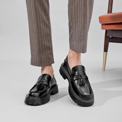Men's Black Patent Leather Platform Loafers Slip-On Dress Shoes with Tassel, Non-Slip Lug Sole Round Toe Penny Formal Shoes for Business Work & Daily in Kuwait