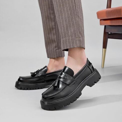 Men's Black Patent Leather Platform Loafers Slip-On Dress Shoes with Tassel, Non-Slip Lug Sole Round Toe Penny Formal Shoes for Business Work & Daily in Kuwait