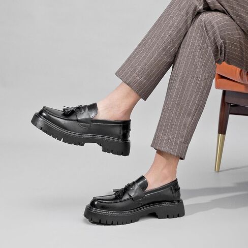 Men's Black Patent Leather Platform Loafers Slip-On Dress Shoes with Tassel, Non-Slip Lug Sole Round Toe Penny Formal Shoes for Business Work & Daily in Kuwait