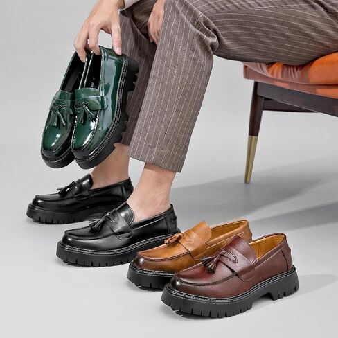 Men's Black Patent Leather Platform Loafers Slip-On Dress Shoes with Tassel, Non-Slip Lug Sole Round Toe Penny Formal Shoes for Business Work & Daily in Kuwait