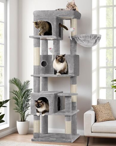 F66 Corner Cat Tree 66 بوصة برج التسلق متعدد المستويات Kitty Cats Cat Tower لقطط متعددة داخلية مع منصة كبيرة ، 3 كهوف القط ، رمادي داكن in Kuwait
