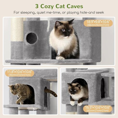 F66 Corner Cat Tree 66 بوصة برج التسلق متعدد المستويات Kitty Cats Cat Tower لقطط متعددة داخلية مع منصة كبيرة ، 3 كهوف القط ، رمادي داكن in Kuwait