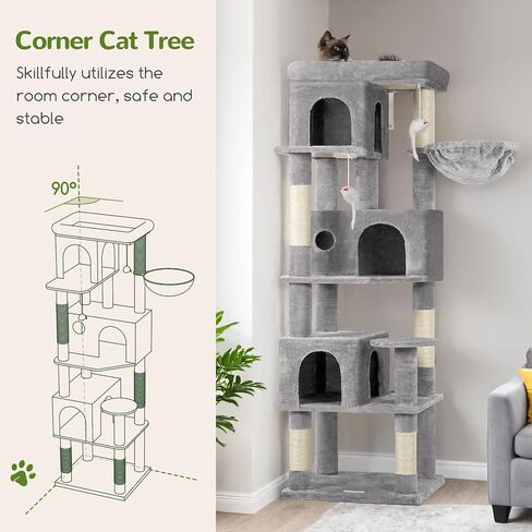 F66 Corner Cat Tree 66 بوصة برج التسلق متعدد المستويات Kitty Cats Cat Tower لقطط متعددة داخلية مع منصة كبيرة ، 3 كهوف القط ، رمادي داكن in Kuwait