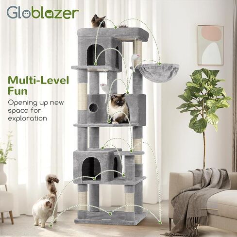 F66 Corner Cat Tree 66 بوصة برج التسلق متعدد المستويات Kitty Cats Cat Tower لقطط متعددة داخلية مع منصة كبيرة ، 3 كهوف القط ، رمادي داكن in Kuwait