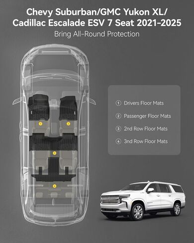 3W Floor Mats & Cargo Liner Fit for 2021 2022 2023 2024 2025 Chevy Tahoe/GMC Yukon/Cadillac Escalade 7 Seat, TPE All Weather Custom Fit Car Accessories Heavy Duty Rubber Full Set Trunk Mats in Kuwait