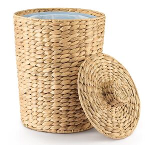 1.3 Gallons Wicker Waste Basket with Lid - Large Wicker Trash Can for Office - WasteBaskets for Bedroom, Bathroom, Kitchen, Living Room - Boho Handwoven Trash Cans for Garbage (Water Hyacinth)