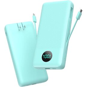 Portable Charger 33800mAh USB C Power Bank with Built-in Cables & AC Wall Plug,25W Fast Charging+QC 4.0 Phone Charger,4 Output LCD Display Battery Pack Compatible with iPhone15/14,Samsung,Android etc