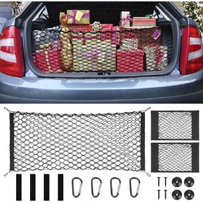 TOOVEM Cargo Net Stretchable, Car Exterior Accessories, with Wall Sticker Organizer Pouch Bag Storage, Adjustable Elastic Trunk Storage Net with Hook for SUVs, Cars and Trucks 19PCS (35.4x15.8 Inch)
