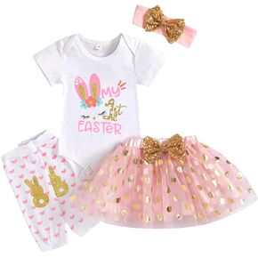 Baby Girl My 1st Easter Skirt Set Short Sleeve Romper+Dot Bubble Dress+Leg Warmers+Headband 4pcs Outfits