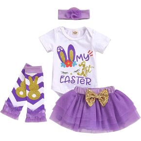 Baby Girls My 1st Easter Skirt Set Newborn Kids Bunny Printed Short Sleeve Romper+Tutu Skirt+Leg Warmers+Headband Outfit
