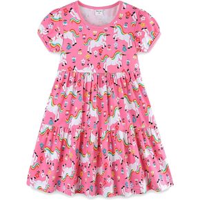 Bumeex Girl's Summer Dresses Cotton Ruffle Sleeve Tiered Swing A-Line Cute Midi Casual Sundress with Pockets